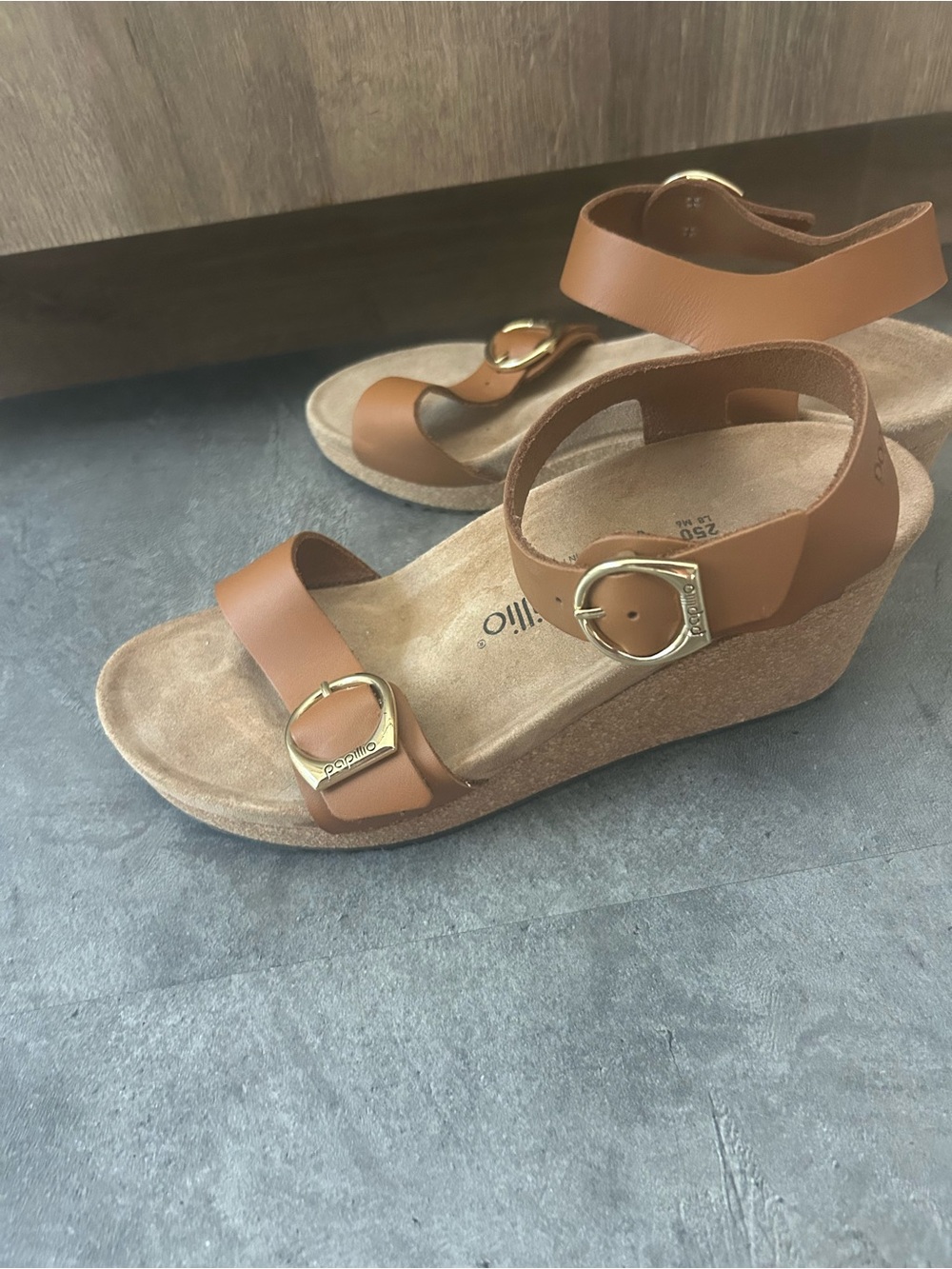 Birkenstock Soley Ring Buckle Wedge Sandals Natural Leather Cognac 39 8-8.5 - Picture 4 of 7